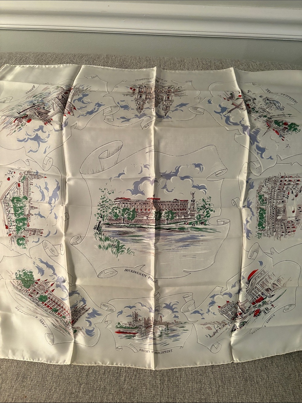 Scenic Cream Silk-Feel Souvenir Scarf with Red & Green Accents